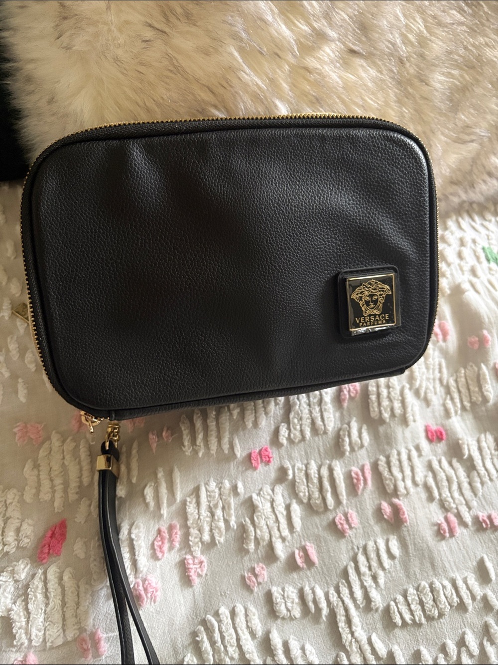 Versace Black Leather Wristlet with Gold Medusa Plaque
